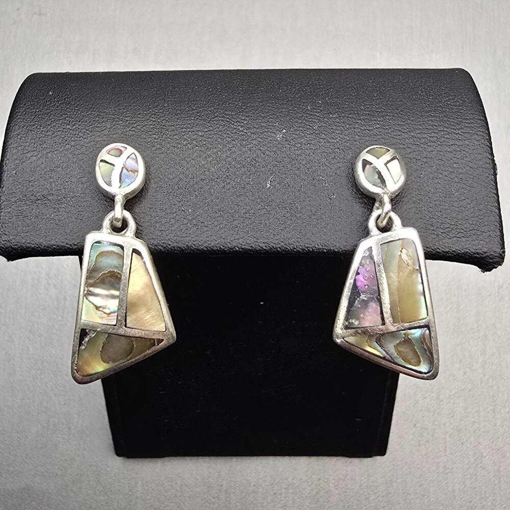 VTG Carol Felley Sterling Silver Abalone Mosaic Dangle Earrings 1" Signed CFJ - Picture 5 of 9